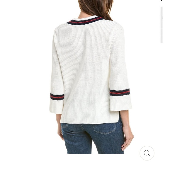 Cabi Ace pullover cream knit vneck sweater bell sleeve red blue stripe side slit - Picture 2 of 16